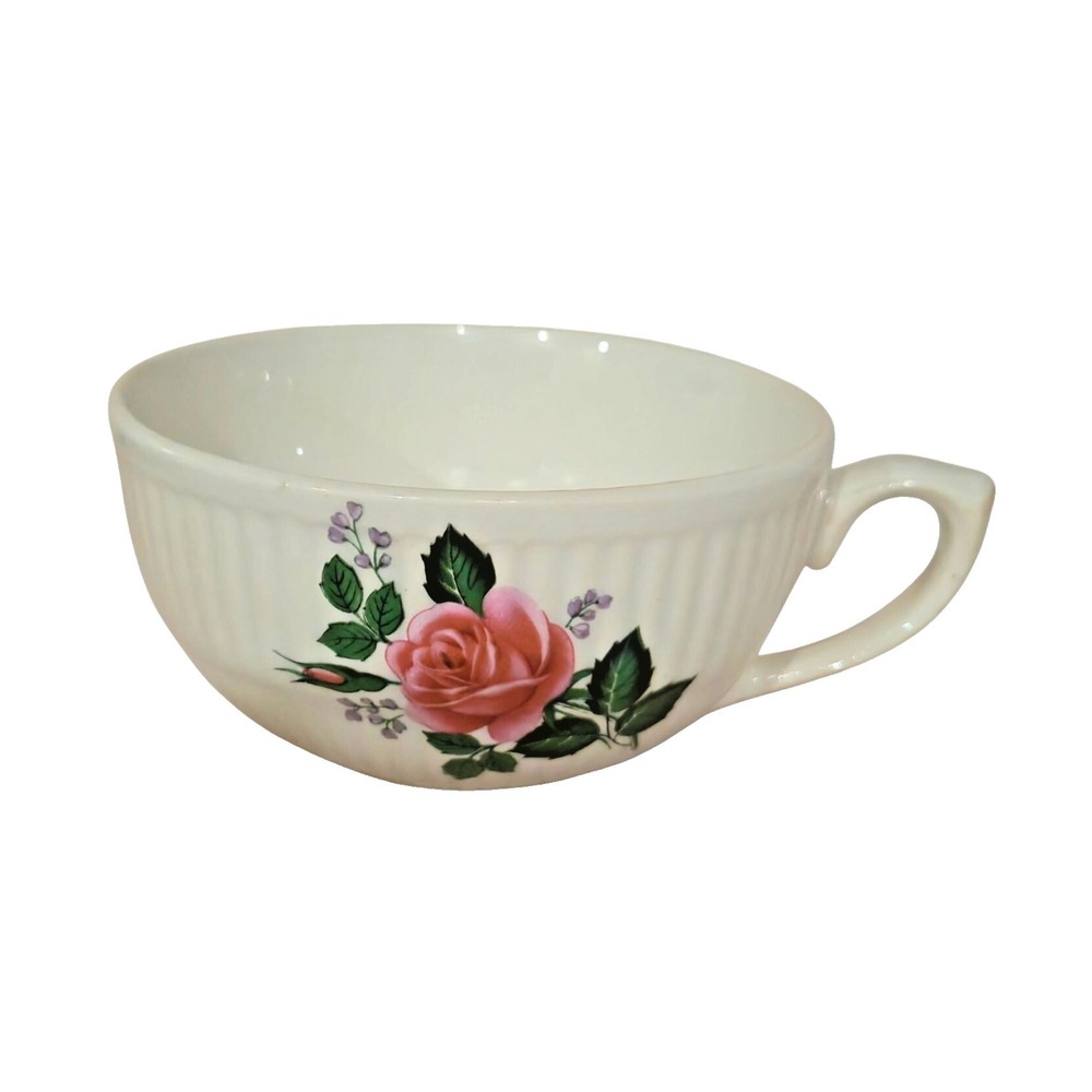 Vintage Ceramic Floral Tea Cup Pink Rose Design Ribbed Texture White Porcelain